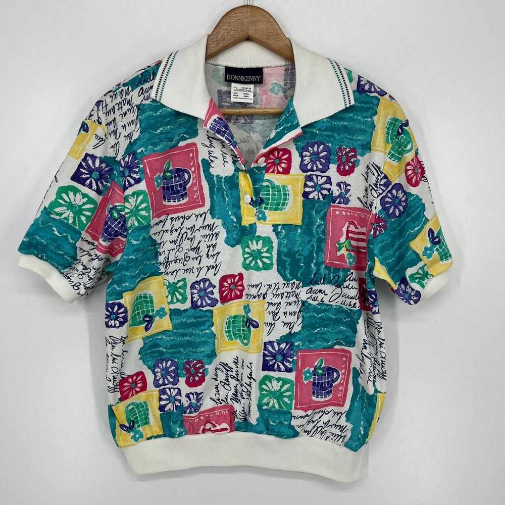 Donnkenny Vintage Womens Small Abstract Print Polo Top Multi-Color 90s